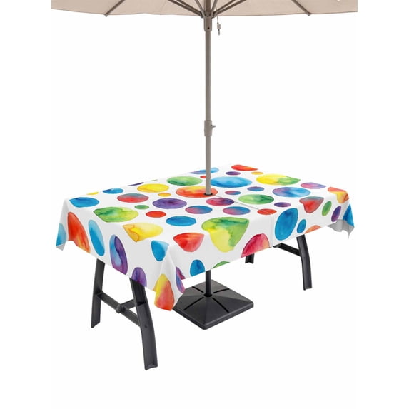 Outdoor Tablecloth with Umbrella Hole for Patio/Picnic/Party/Camping, Colorful Polka Dot Waterproof Table Cloth Rectangle Table Cover Washable, Cartoon Watercolor Abstract Graffiti (54"x 80")