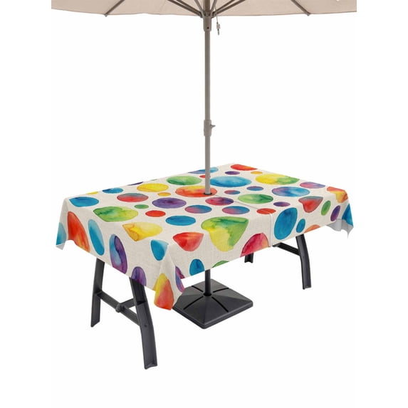Outdoor Tablecloth with Umbrella Hole for Patio/Picnic/Party/Camping, Colorful Polka Dot Waterproof Table Cloth Rectangle Table Cover Washable, Cartoon Watercolor Geometric on Linen (60"x 120")