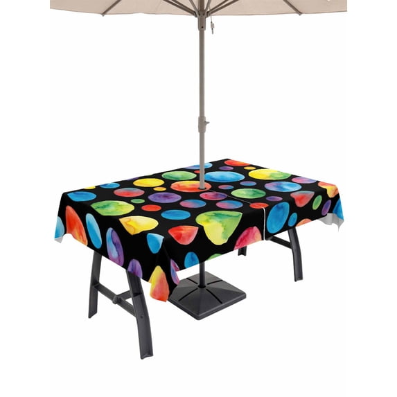 Outdoor Tablecloth with Umbrella Hole for Patio/Picnic/Party/Camping, Colorful Polka Dot Waterproof Table Cloth Rectangle Table Cover Washable, Cartoon Watercolor Graffiti Black (54"x 80")