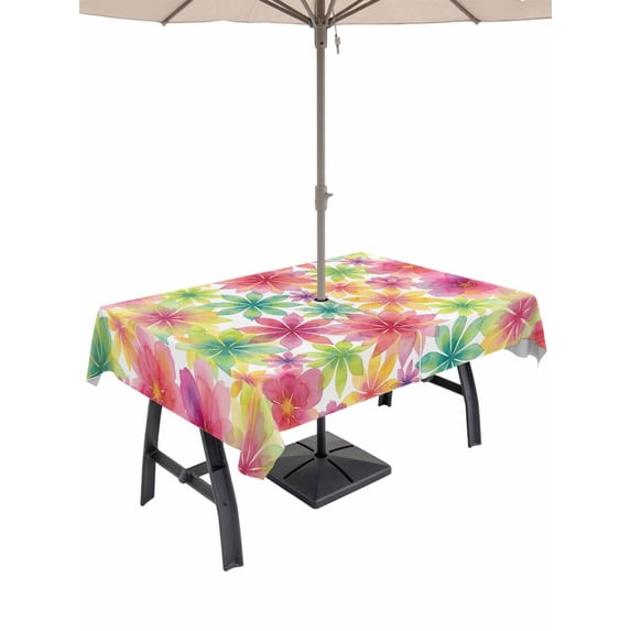 Outdoor Tablecloth with Umbrella Hole for Patio/Picnic/Party/Camping, Colorful Spring Floral Waterproof Table Cloth Rectangle Table Cover Washable, Elegant Pastoral Watercolor Flowers (54"x 80")