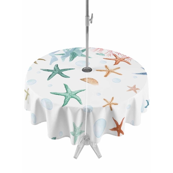 Outdoor Tablecloth with Umbrella Hole for Patio/Picnic/Party/Camping, Colorful Starfish Coastal Waterproof Table Cloth Round Cover Washable, Summer Coral Nautical (Dia 60")