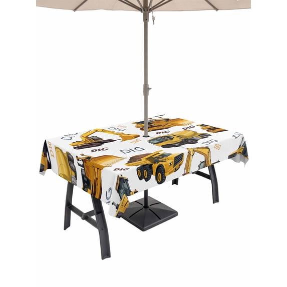 Outdoor Tablecloth with Umbrella Hole for Patio/Picnic/Party/Camping, Construction Truck Waterproof Table Cloth Rectangle Table Cover Washable, Cartoon Grips and Bulldozers Stirrup Car (60"x 120")