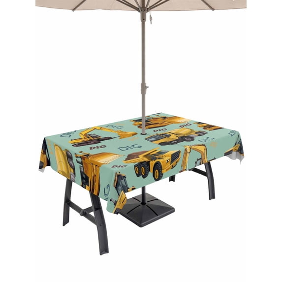 Outdoor Tablecloth with Umbrella Hole for Patio/Picnic/Party/Camping, Construction Truck Waterproof Table Cloth Rectangle Table Cover Washable, Cartoon Grips and Bulldozers Green (60"x 84")