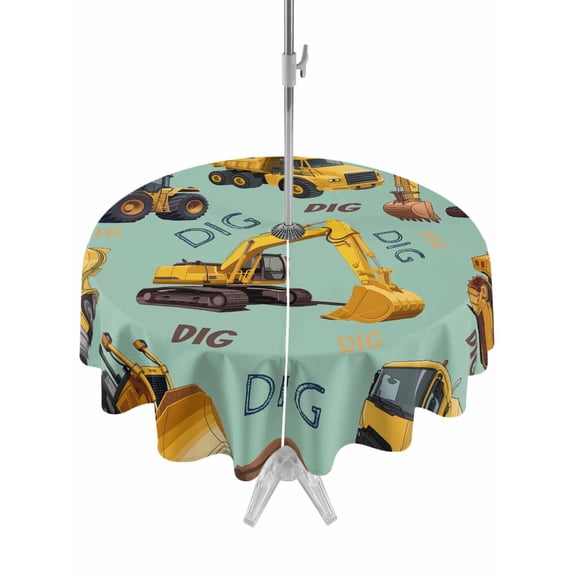 Outdoor Tablecloth with Umbrella Hole for Patio/Picnic/Party/Camping, Construction Truck Waterproof Table Cloth Round Cover Washable, Cartoon Grips and Bulldozers Green (Dia 60")