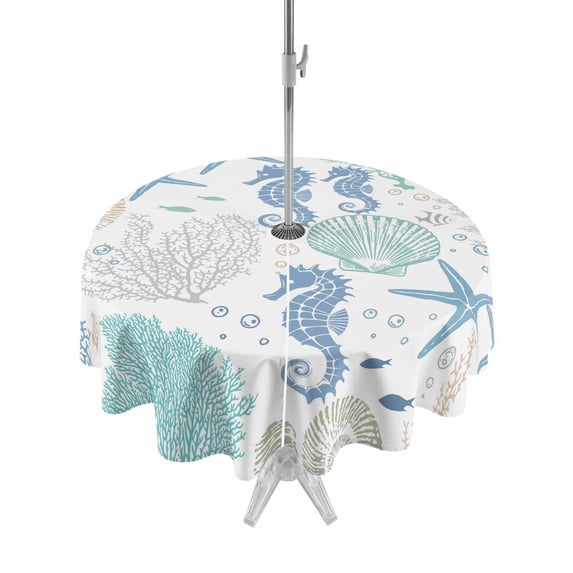 Outdoor Tablecloth with Umbrella Hole for Patio/Picnic/Party/Camping, Coral Seahorse Coastal Waterproof Table Cloth Round Cover Washable, Blue Summer Nautical Starfish (Dia 54")