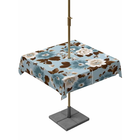 Outdoor Tablecloth with Umbrella Hole for Patio/Picnic/Party/Camping, Country Blue Flowers Waterproof Table Cloth Square Cover Washable, Brown Leaves Floral Rustic Botanical (60"x 60")