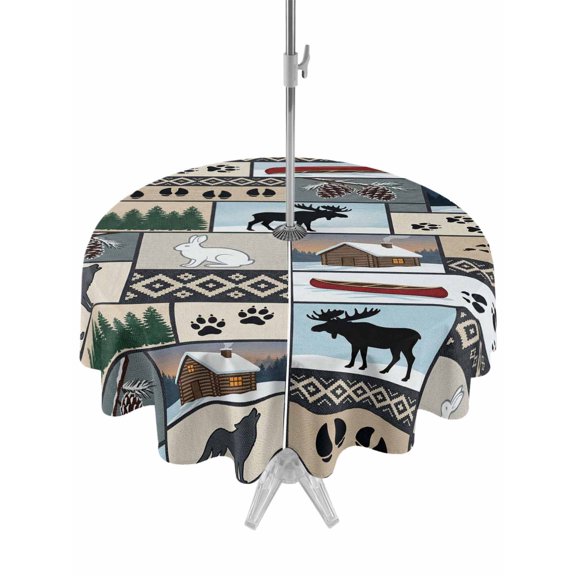 Outdoor Tablecloth with Umbrella Hole for Patio/Picnic/Party/Camping, Country Cabin Waterproof Table Cloth Round Cover Washable, Boho Farm Barn Elk Rabbit Tree Paw Print (Dia 54")