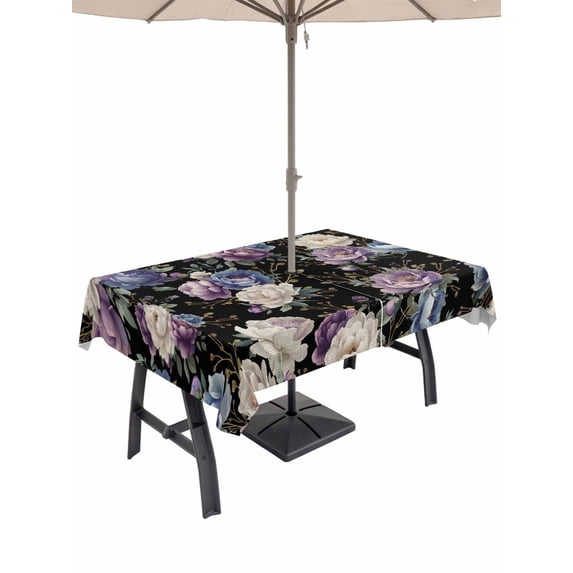 Outdoor Tablecloth with Umbrella Hole for Patio/Picnic/Party/Camping, Country Flowers Waterproof Table Cloth Rectangle Table Cover Washable, Botanical Purple Blue Floral Black (60"x 84")