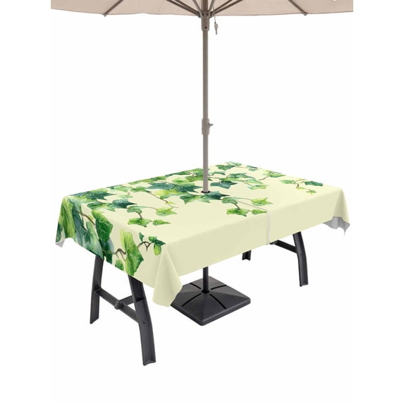 Outdoor Tablecloth with Umbrella Hole for Patio/Picnic/Party/Camping, Country Leaves Waterproof Table Cloth Rectangle Table Cover Washable, Green Leaf Branches Vine Botanical Rustic (52"x 70")