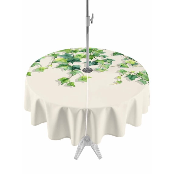 Outdoor Tablecloth with Umbrella Hole for Patio/Picnic/Party/Camping, Country Leaves Waterproof Table Cloth Round Cover Washable, Spring Green Leaf Branches Vine Botanical (Dia 54")
