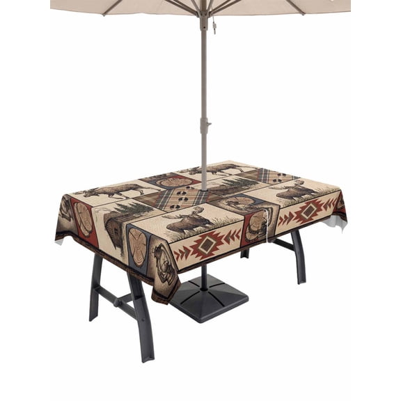 Outdoor Tablecloth with Umbrella Hole for Patio/Picnic/Party/Camping, Country Reindeer Waterproof Table Cloth Rectangle Table Cover Washable, Tribal Ethnic Aztec Plaid Farm Cabin (52"x 70")