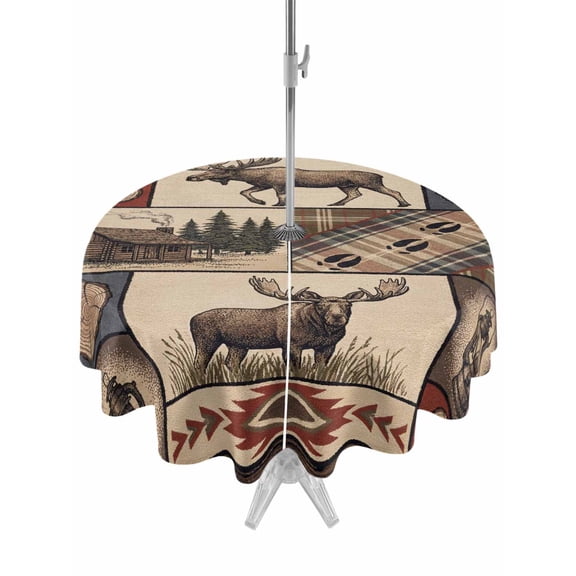 Outdoor Tablecloth with Umbrella Hole for Patio/Picnic/Party/Camping, Country Reindeer Waterproof Table Cloth Round Cover Washable, Tribal Ethnic Aztec Plaid Farm Cabin (Dia 54")