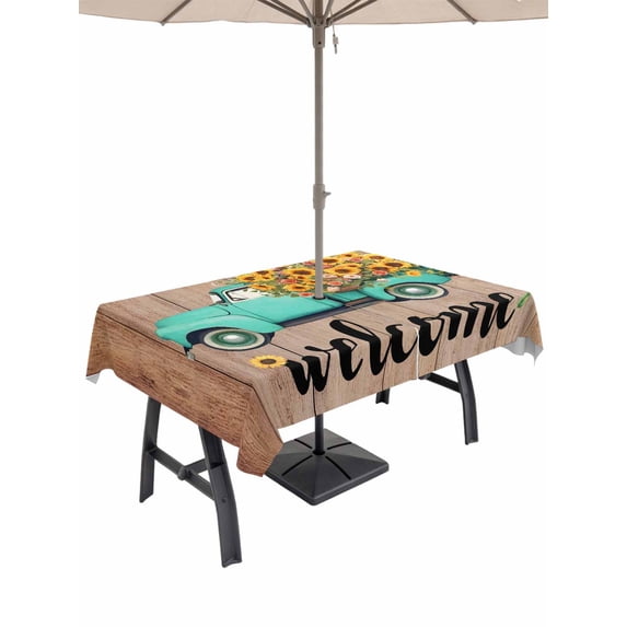Outdoor Tablecloth with Umbrella Hole for Patio/Picnic/Party/Camping, Country Sunflowers Waterproof Table Cloth Rectangle Table Cover Washable, Welcome Rustic Truck Floral Farm Brown (60"x 84")
