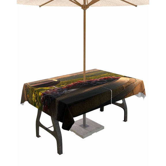 Outdoor Tablecloth with Umbrella Hole for Patio/Picnic/Party/Camping, Country Waterproof Table Cloth Rectangle Table Cover Washable, Grapes Casks Wine Farmhouse 60"x 120"