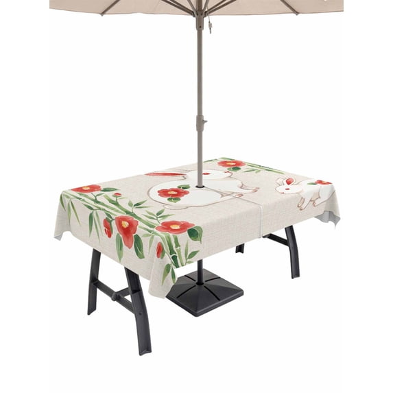 Outdoor Tablecloth with Umbrella Hole for Patio/Picnic/Party/Camping, Cute Bunnies Waterproof Table Cloth Rectangle Table Cover Washable, Farmhouse Rustic Floral Botanical Burlap (54"x 80")