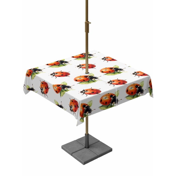 Outdoor Tablecloth with Umbrella Hole for Patio/Picnic/Party/Camping, Cute Ladybugs Waterproof Table Cloth Square Cover Washable, Spring Botanical Leaves Farmhouse (60"x 60")
