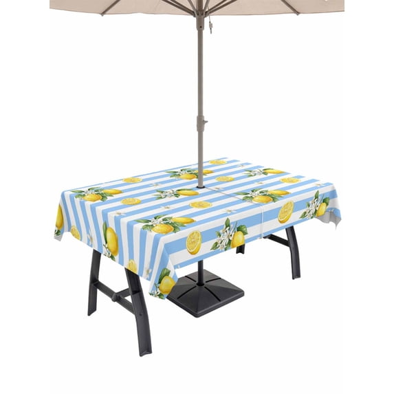 Outdoor Tablecloth with Umbrella Hole for Patio/Picnic/Party/Camping, Cute Lemon Summer Waterproof Table Cloth Rectangle Table Cover Washable, Farmhouse Floral Blue Striped (60"x 102")