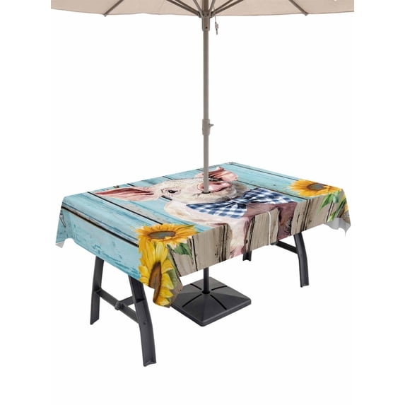 Outdoor Tablecloth with Umbrella Hole for Patio/Picnic/Party/Camping, Cute Pig Waterproof Table Cloth Rectangle Table Cover Washable, Yellow Sunflowers Blue Wooden Vintage Art (54"x 80")