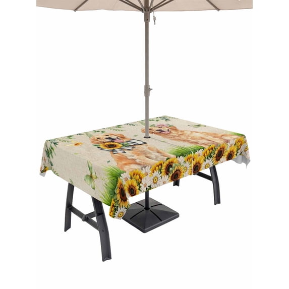 Outdoor Tablecloth with Umbrella Hole for Patio/Picnic/Party/Camping, Cute Puppy Sunflowers Waterproof Table Cloth Rectangle Table Cover Washable, Farmhouse Eucalyptus Retro Beige (60"x 102")