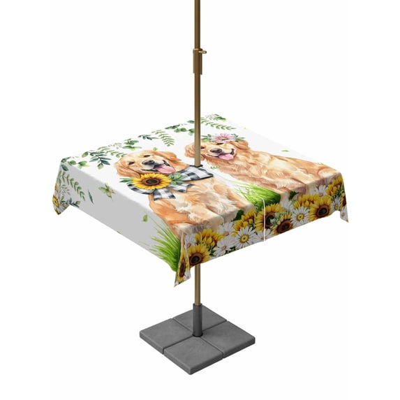 Outdoor Tablecloth with Umbrella Hole for Patio/Picnic/Party/Camping, Cute Puppy Sunflowers Waterproof Table Cloth Square Cover Washable, Farmhouse Eucalyptus Leaves (54"x 54")