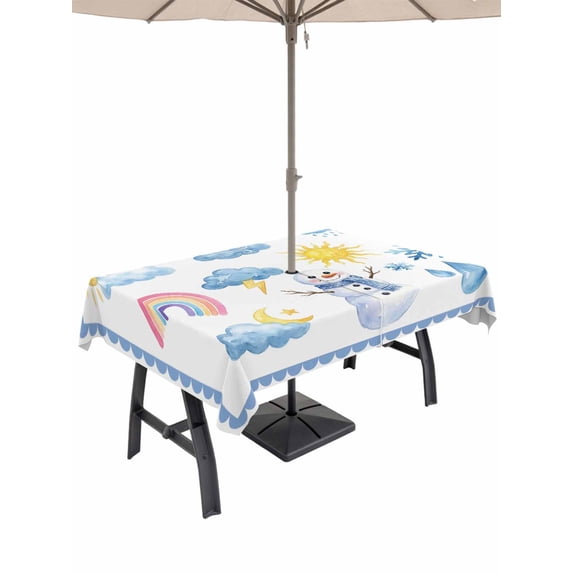 Outdoor Tablecloth with Umbrella Hole for Patio/Picnic/Party/Camping, Cute Snowman Waterproof Table Cloth Rectangle Table Cover Washable, Blue Weather Snowy Rainy Sun Rainbow (52"x 70")