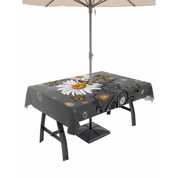 Outdoor Tablecloth with Umbrella Hole for Patio/Picnic/Party/Camping, Daisy Butterfly Waterproof Table Cloth Rectangle Table Cover Washable, Spring Floral Butterflies Grey Modern Art (60"x 84")