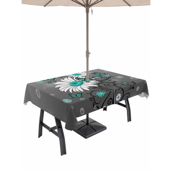 Outdoor Tablecloth with Umbrella Hole for Patio/Picnic/Party/Camping, Daisy Butterfly Waterproof Table Cloth Rectangle Table Cover Washable, Spring Floral Teal Butterflies Modern Art (52"x 70")