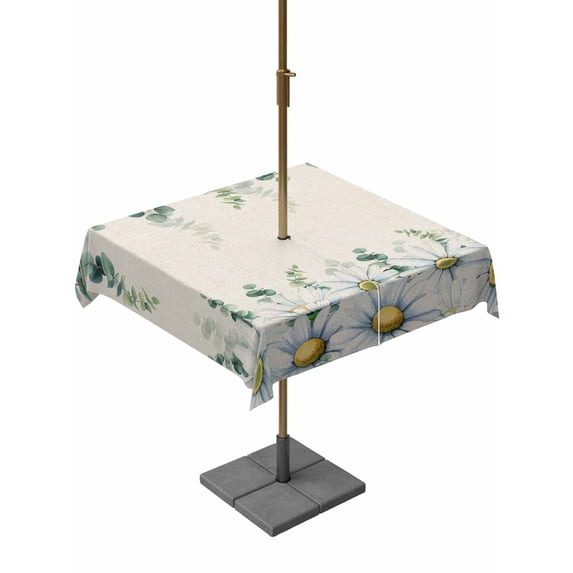 Outdoor Tablecloth with Umbrella Hole for Patio/Picnic/Party/Camping, Daisy Eucalyptus Leaves Waterproof Table Cloth Square Cover Washable, Rustic Weeping Botanical Linen (60"x 60")
