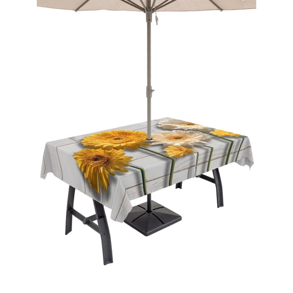 Outdoor Tablecloth with Umbrella Hole for Patio/Picnic/Party/Camping, Daisy Flower Waterproof Table Cloth Rectangle Table Cover Washable, Yellow Gray Floral Minimalist White Bricks (52"x 70")