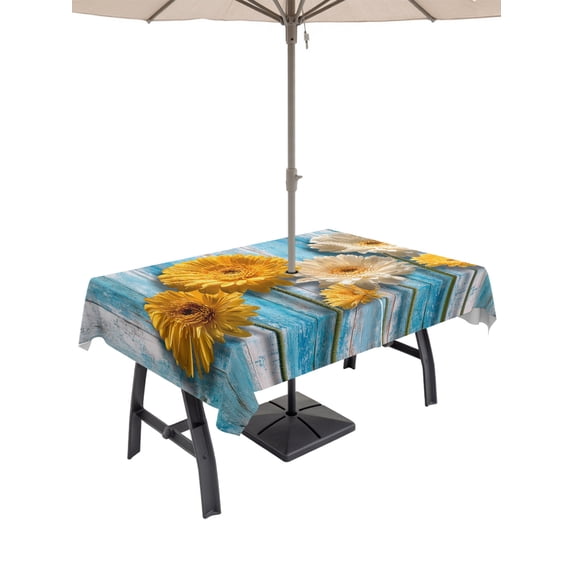 Outdoor Tablecloth with Umbrella Hole for Patio/Picnic/Party/Camping, Daisy Flower Waterproof Table Cloth Rectangle Table Cover Washable, Yellow Gray Floral Minimalist Blue Wood (54"x 80")
