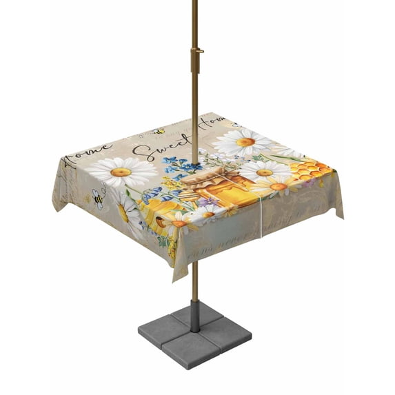 Outdoor Tablecloth with Umbrella Hole for Patio/Picnic/Party/Camping, Daisy Spring Floral Waterproof Table Cloth Square Cover Washable, Farmhouse Botanical Bees Elegant (54"x 54")