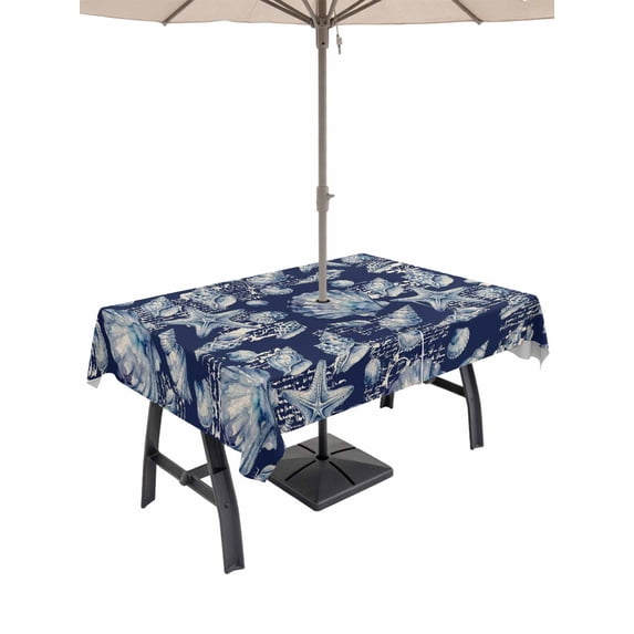 Outdoor Tablecloth with Umbrella Hole for Patio/Picnic/Party/Camping, Dark Blue Coastal Waterproof Table Cloth Rectangle Table Cover Washable, Summer Conch Starfish Scallops Nautical (52"x 70")