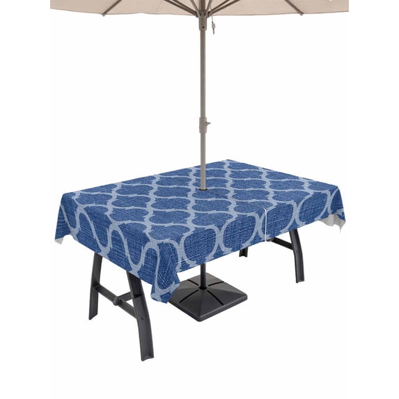 Outdoor Tablecloth with Umbrella Hole for Patio/Picnic/Party/Camping, Dark Blue Morocco Waterproof Table Cloth Rectangle Table Cover Washable, Ethnic Abstract Geometric Quatrefoil Grid (60"x 102")