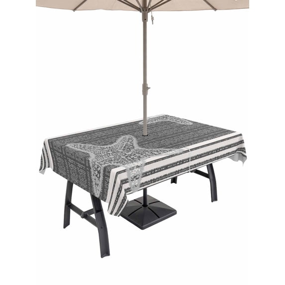 Outdoor Tablecloth with Umbrella Hole for Patio/Picnic/Party/Camping, Dark Gray Starfish Waterproof Table Cloth Rectangle Table Cover Washable, Coastal Summer Beach Ocean Striped (60"x 102")