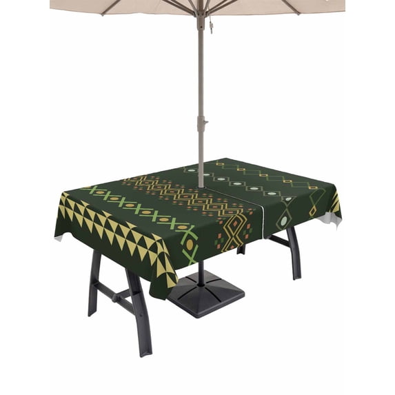 Outdoor Tablecloth with Umbrella Hole for Patio/Picnic/Party/Camping, Dark Green Boho Waterproof Table Cloth Rectangle Table Cover Washable, Ethnic Tribe Striped Vintage (52"x 70")