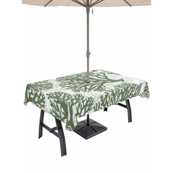 Outdoor Tablecloth with Umbrella Hole for Patio/Picnic/Party/Camping, Dark Green Coral Waterproof Table Cloth Rectangle Table Cover Washable, Coastal Summer Ocean Nautical Sea (60"x 102")