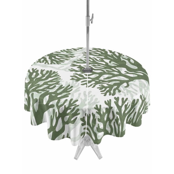 Outdoor Tablecloth with Umbrella Hole for Patio/Picnic/Party/Camping, Dark Green Coral Waterproof Table Cloth Round Cover Washable, Coastal Summer Ocean Nautical Sea (Dia 60")