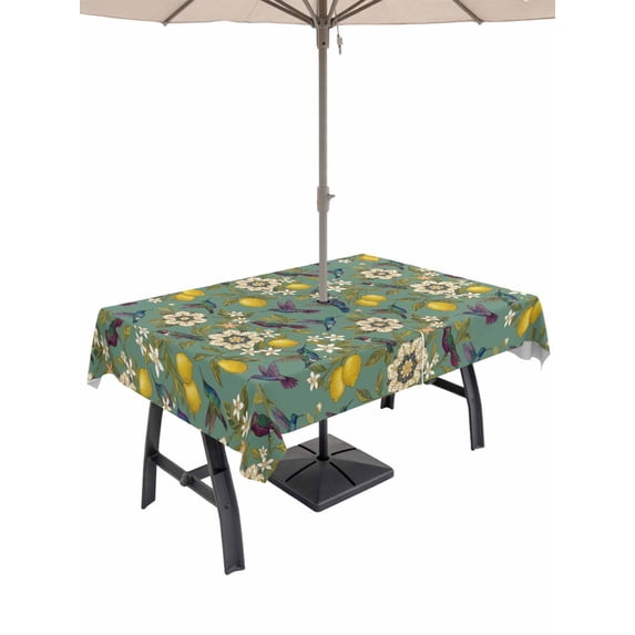 Outdoor Tablecloth with Umbrella Hole for Patio/Picnic/Party/Camping, Dark Green Lemon Birds Waterproof Table Cloth Rectangle Table Cover Washable, Summer Botanical Tropical (60"x 102")