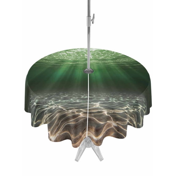Outdoor Tablecloth with Umbrella Hole for Patio/Picnic/Party/Camping, Dark Green Ocean Waves Waterproof Table Cloth Round Cover Washable, Summer Beach Coastal Abstract (Dia 54")