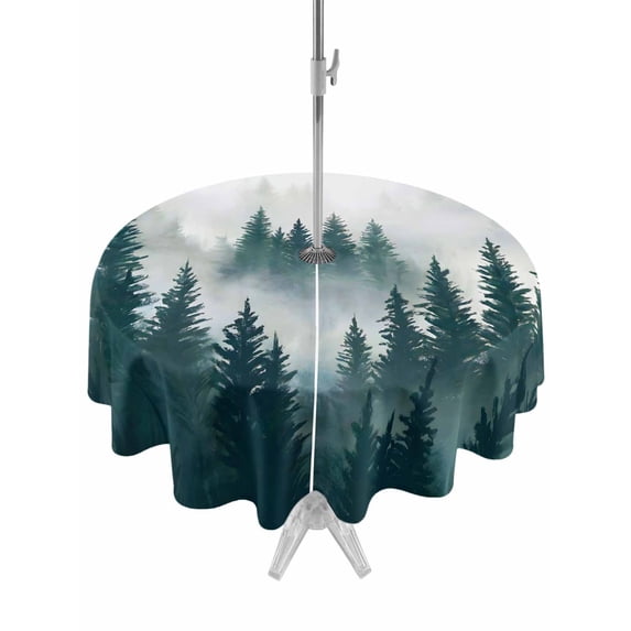 Outdoor Tablecloth with Umbrella Hole for Patio/Picnic/Party/Camping, Dark Green Pine Forest Waterproof Table Cloth Round Cover Washable, Misty Tree Clouds Nature (Dia 54")