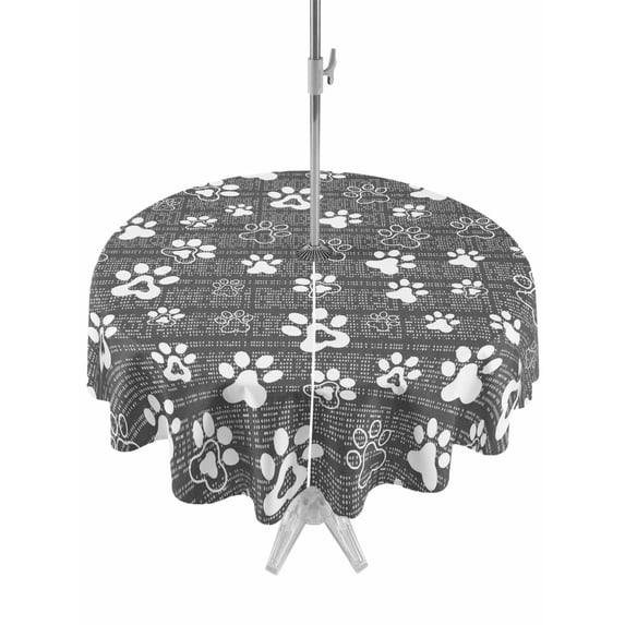 Outdoor Tablecloth with Umbrella Hole for Patio/Picnic/Party/Camping, Dark Grey Dog Paw Waterproof Table Cloth Round Cover Washable, Modern Geometric Abstract Aesthetics (Dia 54")
