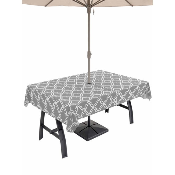 Outdoor Tablecloth with Umbrella Hole for Patio/Picnic/Party/Camping, Dark Grey Morocco Waterproof Table Cloth Rectangle Table Cover Washable, Modern Abstract Classic Geometric (60"x 102")