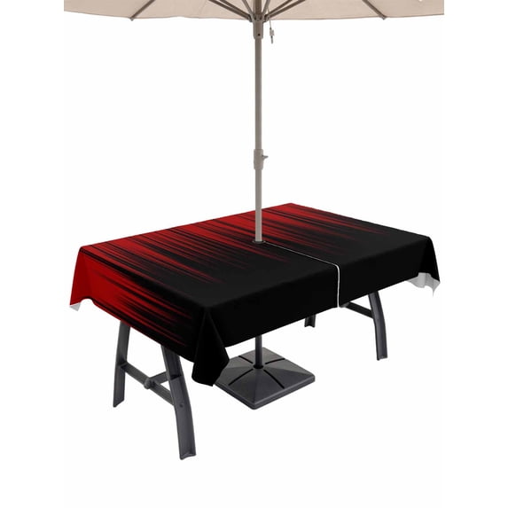Outdoor Tablecloth with Umbrella Hole for Patio/Picnic/Party/Camping, Dark Red Black Ombre Waterproof Table Cloth Rectangle Table Cover Washable, Modern Abstract Art Striped Gradient (60"x 84")