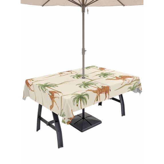 Outdoor Tablecloth with Umbrella Hole for Patio/Picnic/Party/Camping, Date Coconut Tree Waterproof Table Cloth Rectangle Table Cover Washable, Desert Camels Botanical Tropical Beige (54"x 80")