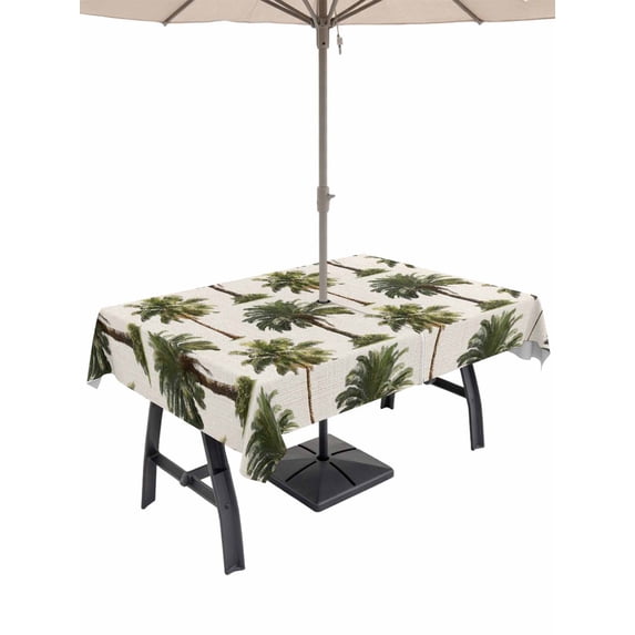 Outdoor Tablecloth with Umbrella Hole for Patio/Picnic/Party/Camping, Date Palm Trees Waterproof Table Cloth Rectangle Table Cover Washable, Retro Summer Tropical Trees Plants Beige (60"x 102")