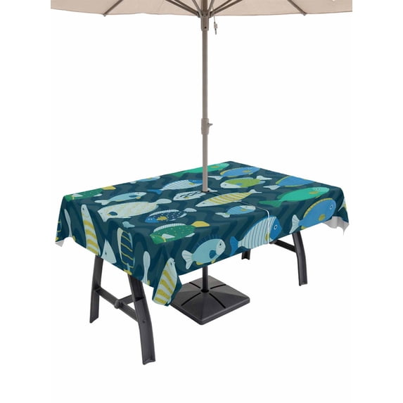 Outdoor Tablecloth with Umbrella Hole for Patio/Picnic/Party/Camping, Deep Green Fishes Waterproof Table Cloth Rectangle Table Cover Washable, Cartoon Coastal Ocean Fish Striped (54"x 80")