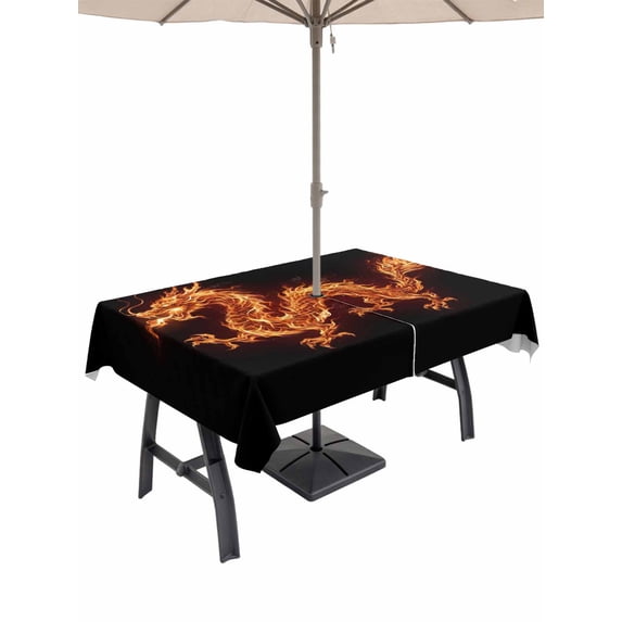 Outdoor Tablecloth with Umbrella Hole for Patio/Picnic/Party/Camping, Dragon Flames Waterproof Table Cloth Rectangle Table Cover Washable, Orange Dragons Abstract Modern Art (52"x 70")