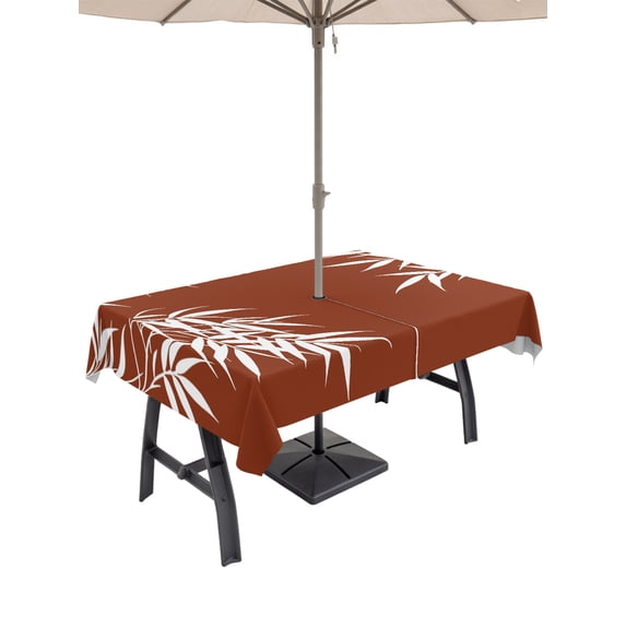 Outdoor Tablecloth with Umbrella Hole for Patio/Picnic/Party/Camping, Eastern Leaves Waterproof Table Cloth Rectangle Table Cover Washable, Vintage Red Brown Natural Branches Plants (60"x 120")