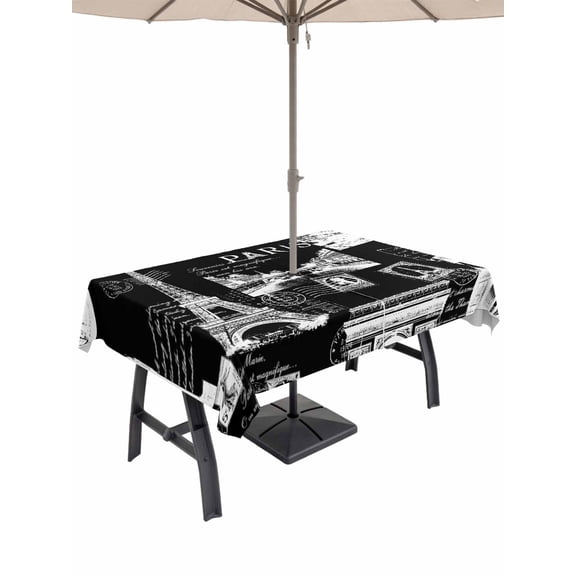 Outdoor Tablecloth with Umbrella Hole for Patio/Picnic/Party/Camping, Eiffel Tower Waterproof Table Cloth Rectangle Table Cover Washable, Vintage France Romantic European Paris City Art (60"x 84")