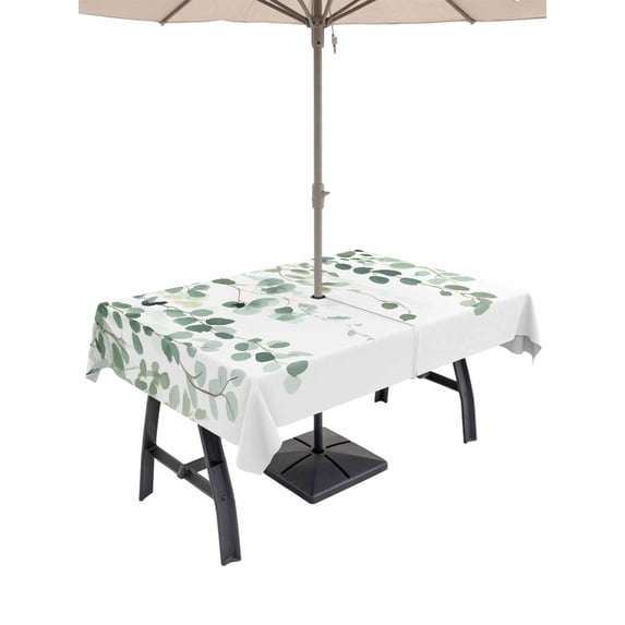 Outdoor Tablecloth with Umbrella Hole for Patio/Picnic/Party/Camping, Eucalyptus Leaf Sage Green Waterproof Table Cloth Rectangle Table Cover Washable, Spring Weeping Leaves Botanical (54"x 80")